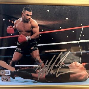 Mike Tyson autographed boxing gloves with autograph framed photo